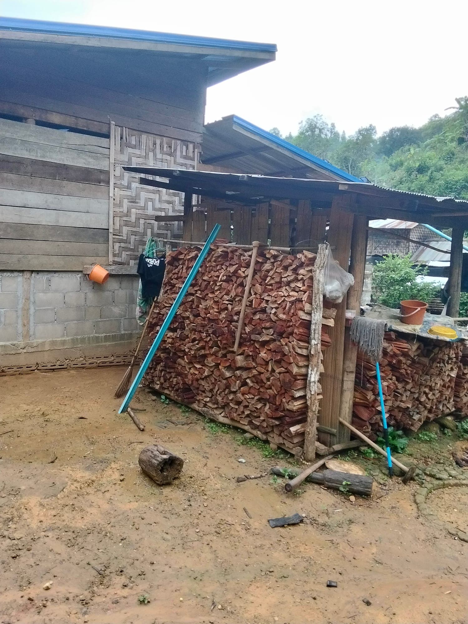 Firewood stacked high against a stilt house, fuel for the kitchen fire.